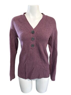 Denver Hayes Womens Ribbed V-Neck Button Sweater-mottled plum, sz M